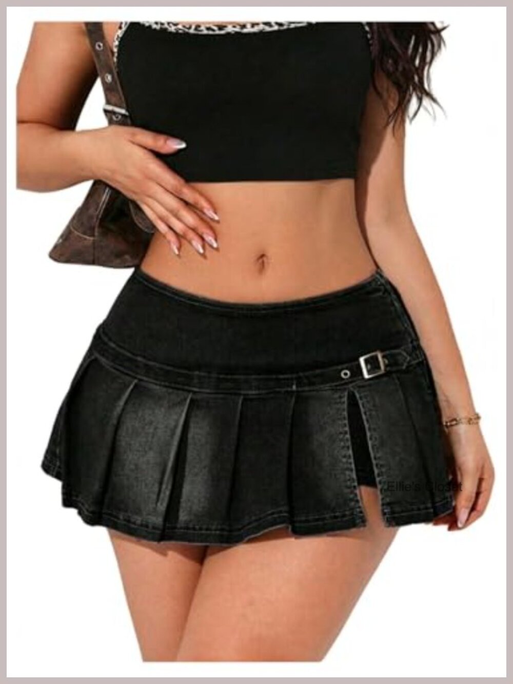 Low Rise Pleated Denim Mini Skirt with Split Hem and Shorts
